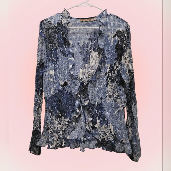 Notations Y2K floral Blue Mesh Fringe Cardigan Size Petite XL - Picture 4 of 6